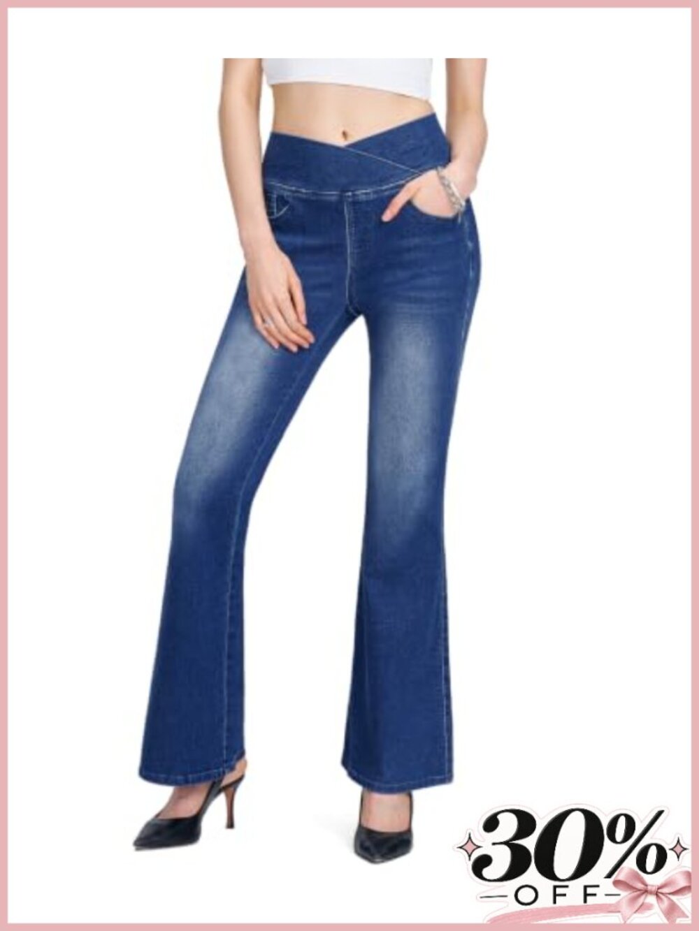 Pull On Flare Jeans High Waisted Crossover Tummy Control Stretch Denim